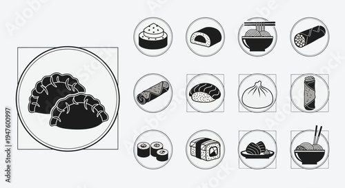 Asian Food Icons: Dumplings, Sushi, Noodles, Spring Rolls, Bao Buns