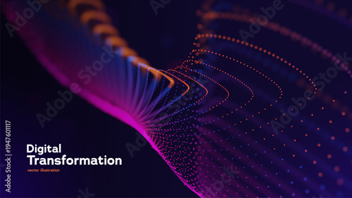 Digital Transformation Background With Glowing Neon Particles And Flowing Data Wave On Dark. Futuristic Business Technologies. Vector Illustration.