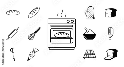 Baking Icons: Oven, Bread, Rolling Pin, Whisk, Muffin Mitts, Piping Bag