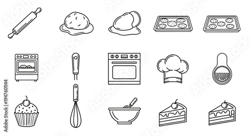 Baking Icons Set: Rolling Pin, Dough, Oven, Cupcake, Cake Slices, Whisk