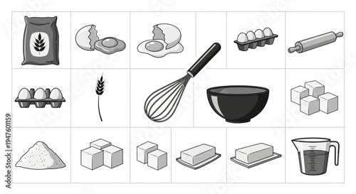 Baking Ingredients and Tools Collection: Flour, Eggs, Butter, Sugar, Whisk, Bowl, Rolling Pin