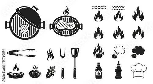 Barbecue Icons Set: Grill, Steak, Hot Dog, Corn, Tongs, Spatula, Flames, Sauce