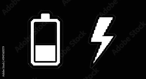 Battery Power Icon and Lightning Bolt Icon on Black Background