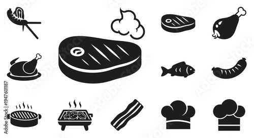 BBQ Food Icons: Grill, Steak, Sausage, Chicken, Fish, Bacon, Chef Hats