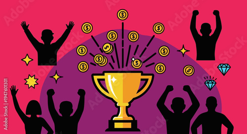 Business Success Celebration with Golden Trophy, Flying Coins, and Cheering Team Silhouettes
