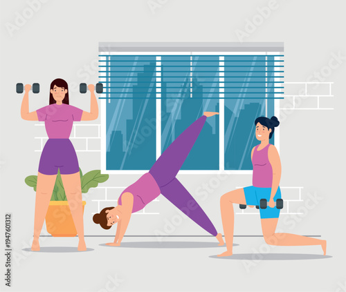 Personal trainer guiding gym session with physical exercises. Individual fitness instructor, sports workout. Professional coach supervision. Fitness training, health exercise