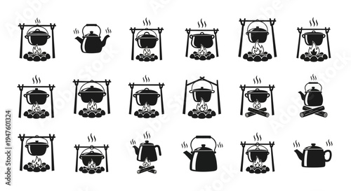 Camping Cooking Pots and Kettles Collection - Outdoor Fireplace Silhouette Icons