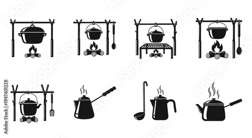 Camping Cookware Icons: Pots, Kettles, and Campfire Cooking Set