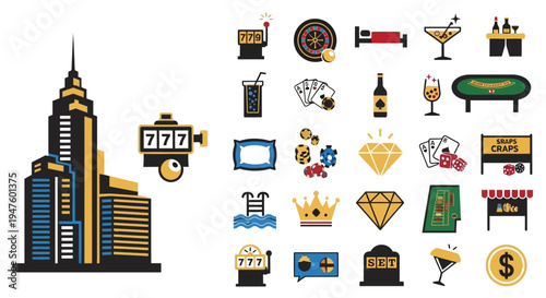 Casino and City Icons Set: Gambling, Entertainment, and Urban Life Graphics