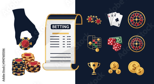 Casino gambling concept with betting slip, poker chips, playing cards, and roulette icons
