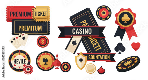 Casino Gambling Elements Collection with Playing Cards, Chips, and Premium Tickets