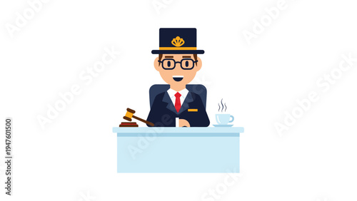 Smiling Judge or Auctioneer Character with Gavel and Coffee Cup Illustration