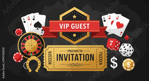 Casino VIP Invitation: Gambling, Roulette, Cards, Dice, Horseshoe, Chips