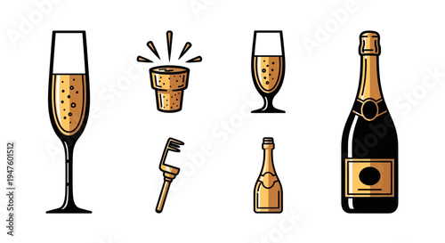 Champagne Celebration Icons: Bottle, Glasses, Cork, Opener