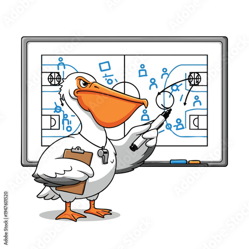 A pelican coach stands by a whiteboard, pointing at a basketball play