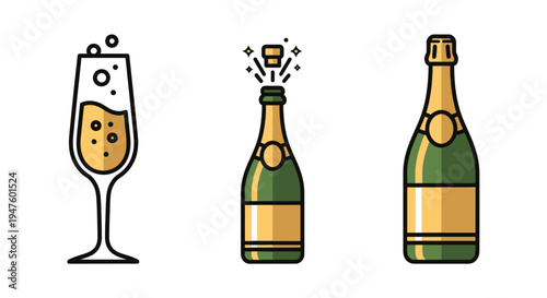 Champagne Icons: Glass, Popping Bottle, Sealed Bottle