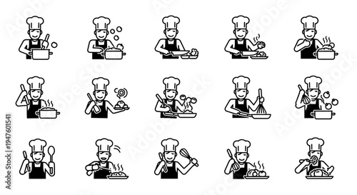 Chef Cooking Icons: Culinary Actions, Food Preparation, Kitchen & Restaurant