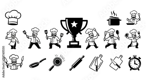 Chef Icons Set - Cooking Competition Trophy and Kitchen Utensils