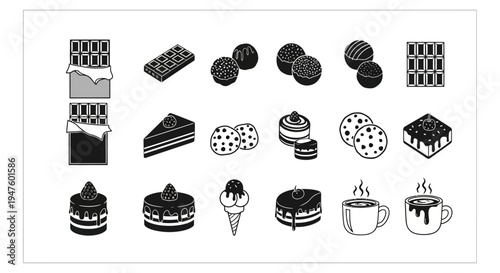 Chocolate Desserts and Sweets Icons Set: Cakes, Cookies, Ice Cream, Truffles, Hot Chocolate
