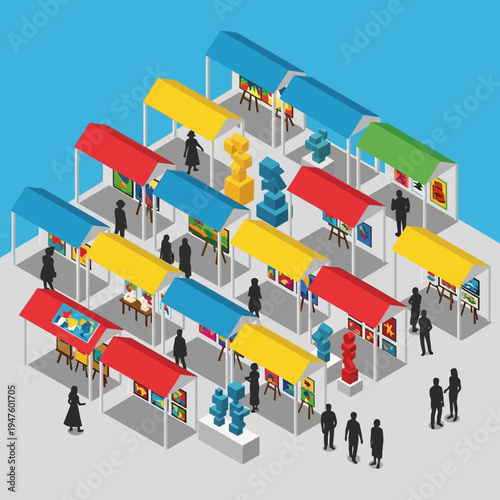 Isometric illustration of an art fair with various stalls, showcasing artwork and sculptures.