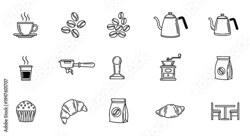 Coffee Shop Icons: Espresso, Beans, Croissants, Muffin, Kettle, Grinder, Table