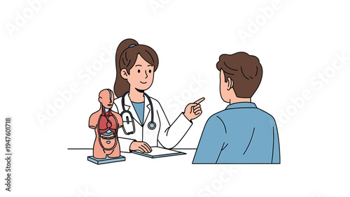 Female doctor explains human organs using anatomical model to male patient during medical consultation