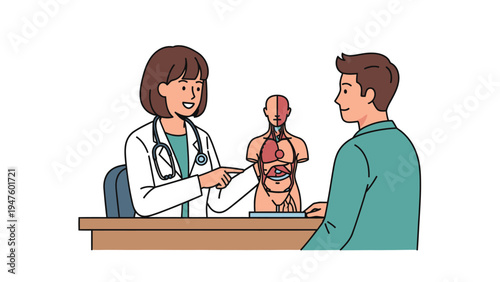 Doctor explains human anatomy to patient using organ model in medical consultation