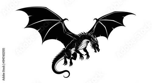 Black dragon flying with wings spread.