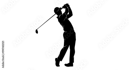 Man swinging golf club in air.
