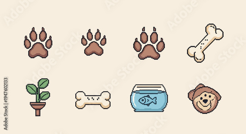 Cute Pixel Art Pet Icons: Paw Prints, Bones, Fishbowl, Plant, Dog Face