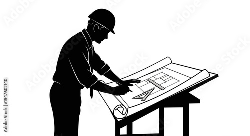 Man wearing hardhat looking at blueprint.