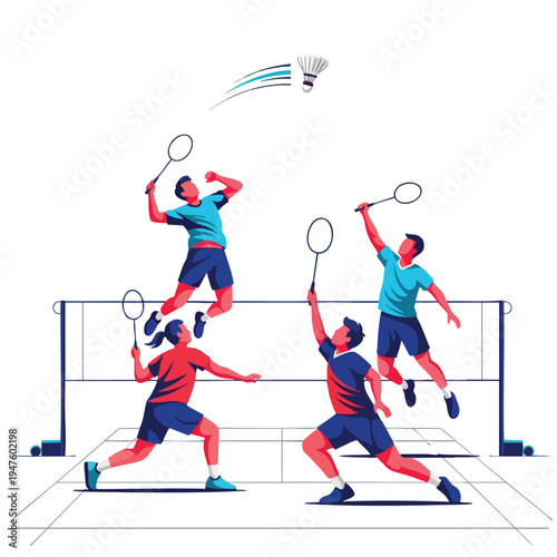 Four badminton players in mid-game, two jumping, one spiking, one reaching