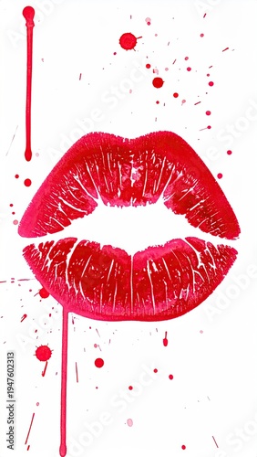 Vivid red lip print, drips & splatters on white background