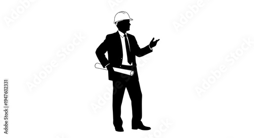 Businessman wearing hard hat gesturing.
