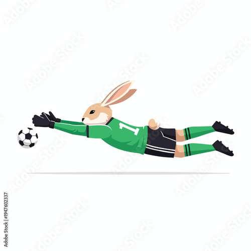 A rabbit goalie dives across a white background to catch a soccer ball