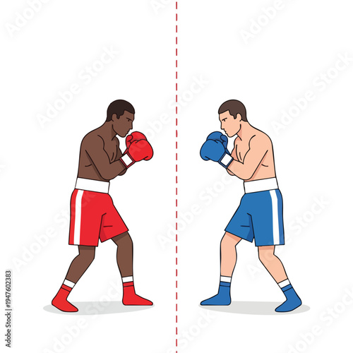 Two boxers, one dark-skinned in red, one light-skinned in blue, face off