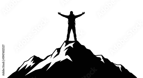 Man standing on mountain peak triumphantly.