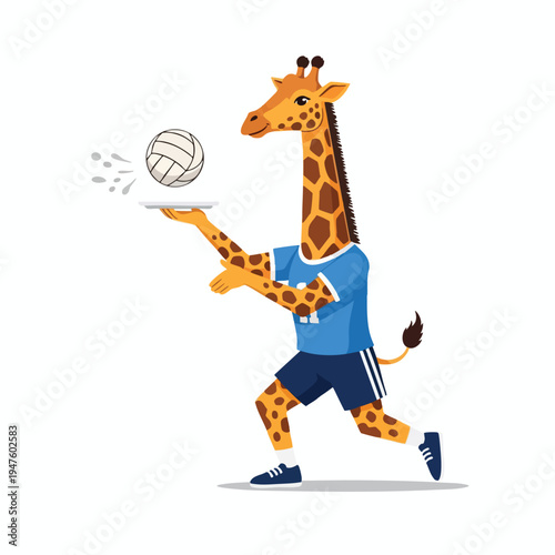 Anthropomorphic giraffe in sports attire serving a volleyball on a platter