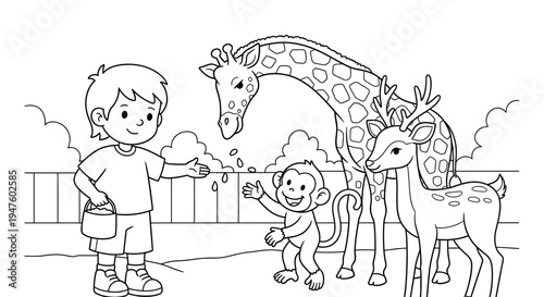 Boy Feeding Giraffe and Deer Animals.
