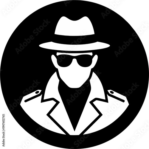 Anonymous Spy Detective Silhouette with Fedora Hat and Sunglasses in Black Circle – Minimalist Vector Icon Illustration