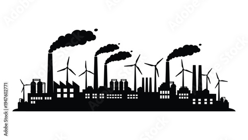 City skyline with wind turbines and smokestacks