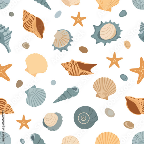 A repeating pattern of assorted seashells, starfish, and pebbles on a white background
