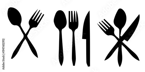 Set of black and white cutlery icons isolated on transparent background for dining design