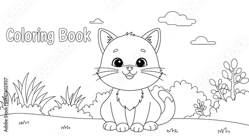 Cute Cartoon Kitten Sitting Outside Smiling.