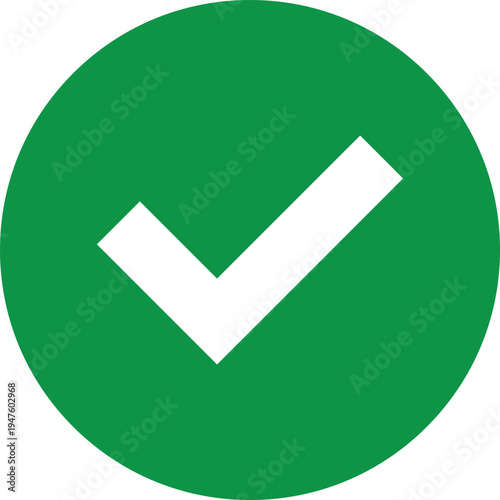 Solid Green Circular Check Mark Icon for Status Verification and Approval Concept, (UI) designs, mobile app notifications, digital checklists, and business approval branding.