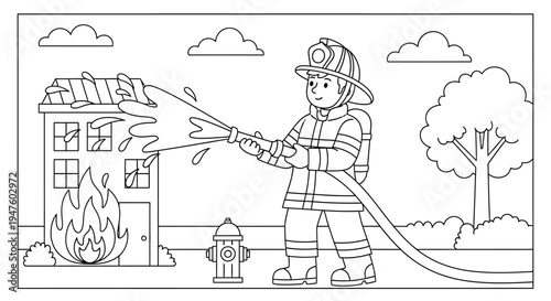 Firefighter in full gear spraying water.