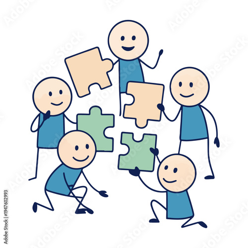 Teamwork Puzzle Collaboration Illustration – People Solving Jigsaw Problem Together Vector Art