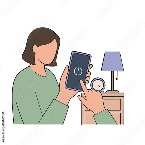 Woman turning on smartphone next to bedside table with alarm clock
