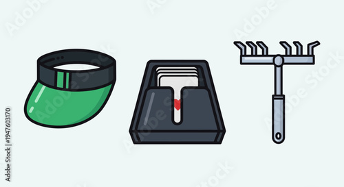 Illustrated Icons: Green Visor, Money Counter, and Garden Rake Set
