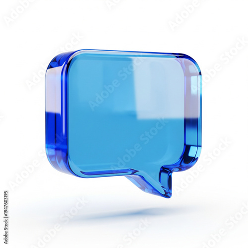 3D Blue Glass Chat Bubble, Square Speech Icon, Message Box, Talk Symbol, Glossy Comment, Social Conversation Element, Dialog Sign